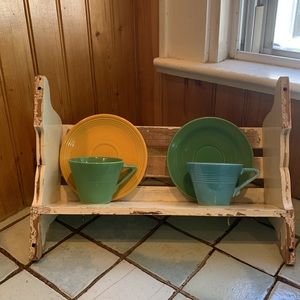 Vintage painted wooden rustic cupboard shelf.